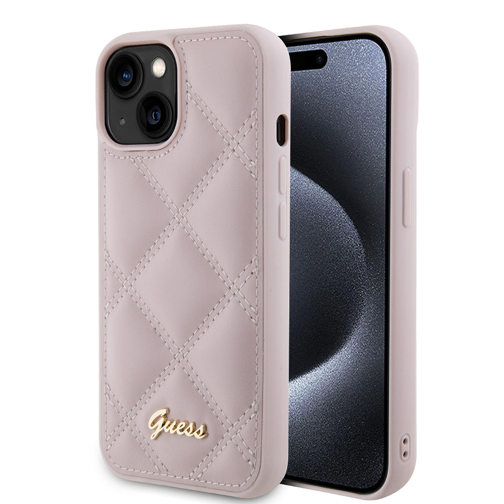 Tok Apple iPhone 15-höz, Guess, Quilted Metal Logo, Rózsaszín