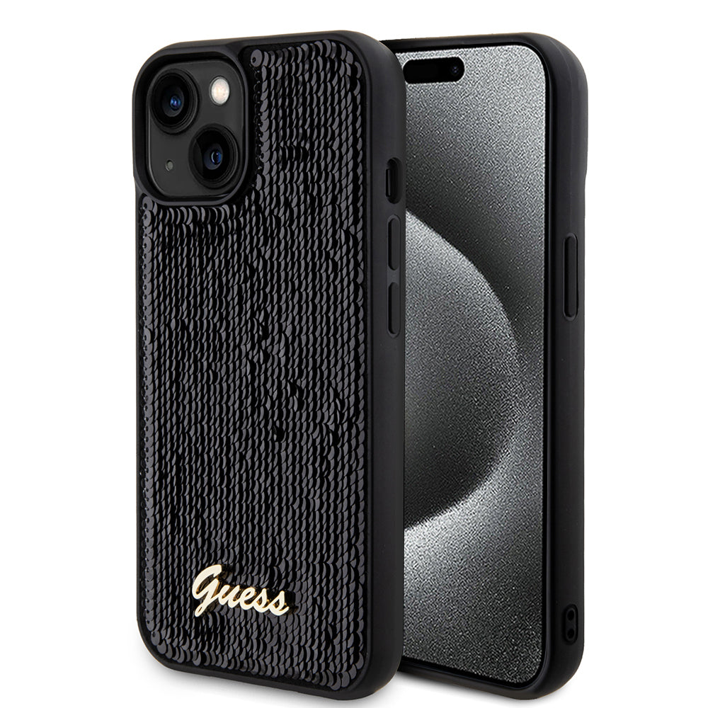 Tok Apple iPhone 15-höz, Guess, Sequin Script Metal, Fekete