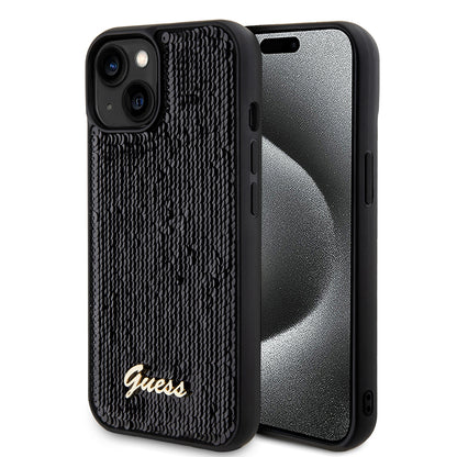 Tok Apple iPhone 15-höz, Guess, Sequin Script Metal, Fekete