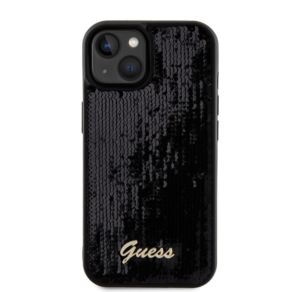 Tok Apple iPhone 15-höz, Guess, Sequin Script Metal, Fekete
