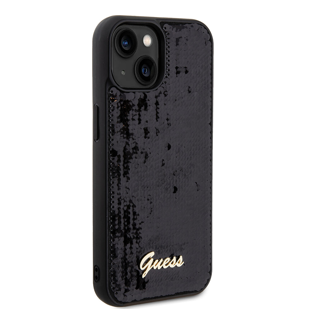Tok Apple iPhone 15-höz, Guess, Sequin Script Metal, Fekete