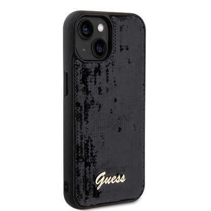Tok Apple iPhone 15-höz, Guess, Sequin Script Metal, Fekete