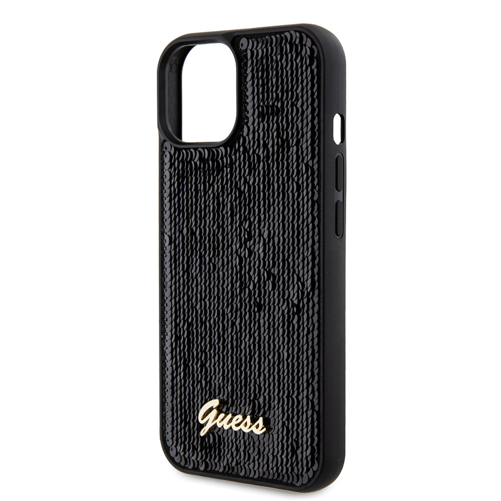 Tok Apple iPhone 15-höz, Guess, Sequin Script Metal, Fekete