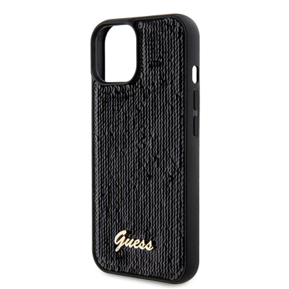 Tok Apple iPhone 15-höz, Guess, Sequin Script Metal, Fekete