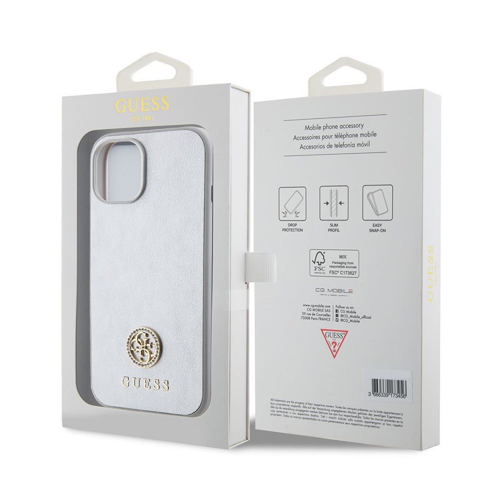 Tok Apple iPhone 15-höz, Guess, Strass Metal Logo, Ezüst színű