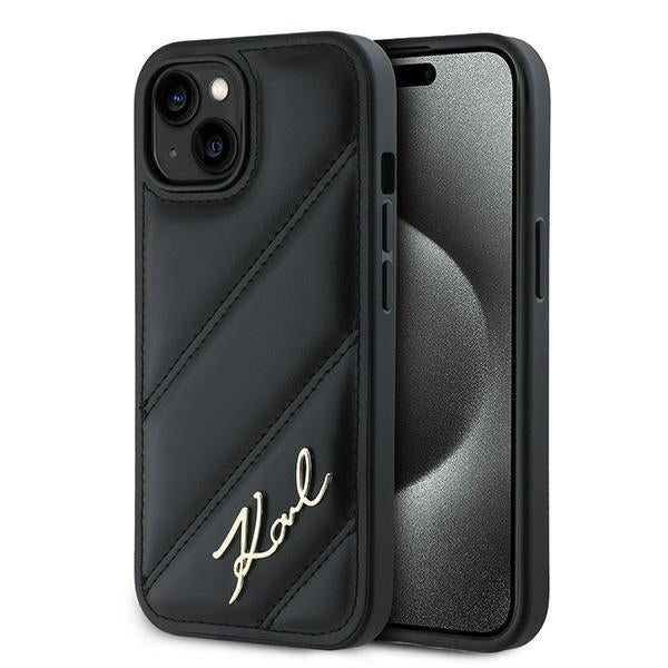 Tok a Apple iPhone 15-höz, Karl Lagerfeld, Diagonal Quilted Script, Fekete