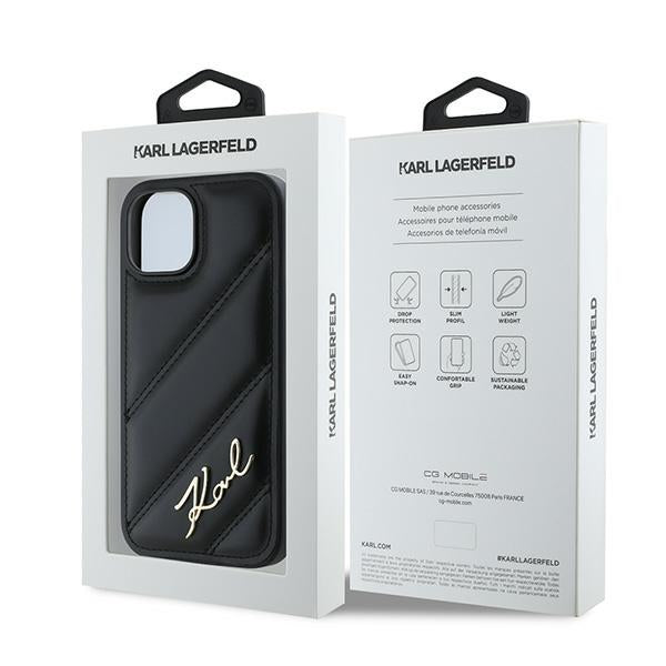Tok a Apple iPhone 15-höz, Karl Lagerfeld, Diagonal Quilted Script, Fekete