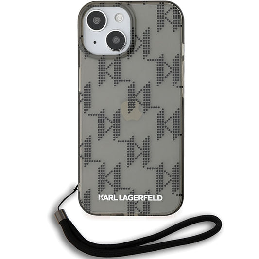 Tok Apple iPhone 15-höz, Karl Lagerfeld, IML Luxury Monogram KL mintás, pántos, fekete