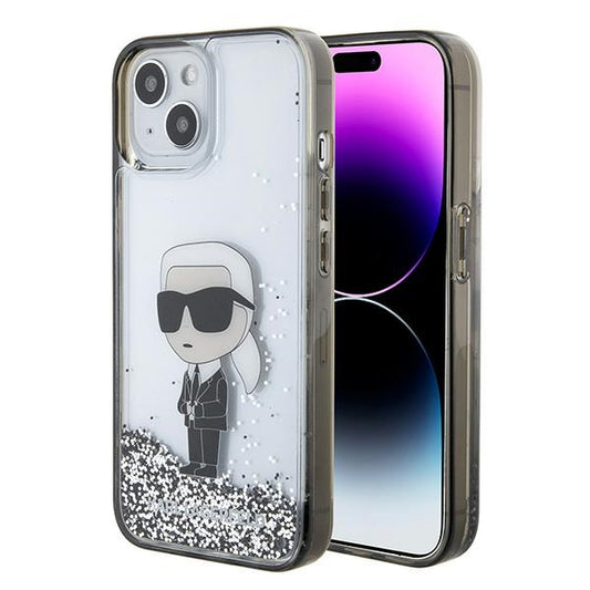Tok Apple iPhone 15-höz, Karl Lagerfeld, Liquid Glitter Ikonik Karl, Átlátszó