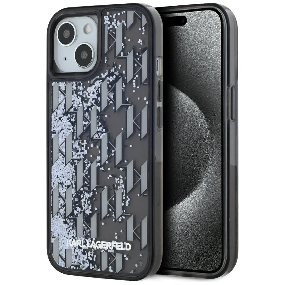 Tok Apple iPhone 15-höz, Karl Lagerfeld, Liquid Glitter Monogram, Fekete