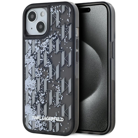 Tok Apple iPhone 15-höz, Karl Lagerfeld, Liquid Glitter Monogram, Fekete