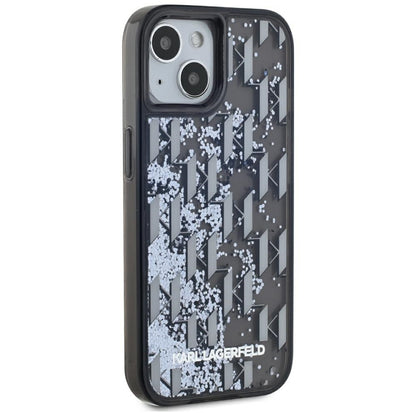 Tok Apple iPhone 15-höz, Karl Lagerfeld, Liquid Glitter Monogram, Fekete