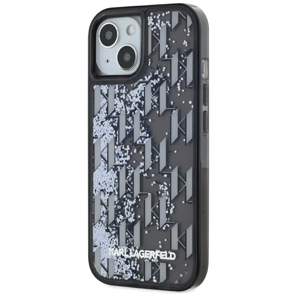 Tok Apple iPhone 15-höz, Karl Lagerfeld, Liquid Glitter Monogram, Fekete