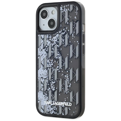 Tok Apple iPhone 15-höz, Karl Lagerfeld, Liquid Glitter Monogram, Fekete