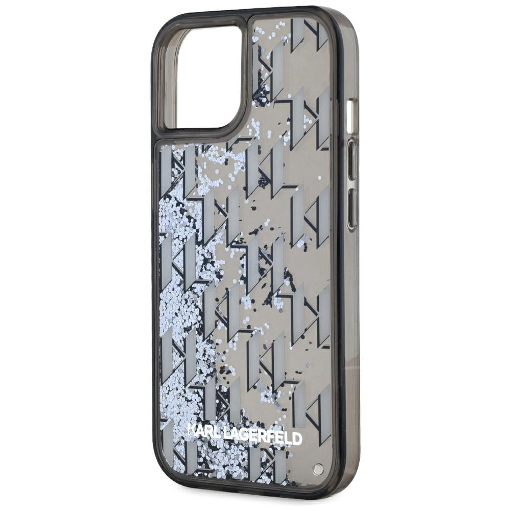 Tok Apple iPhone 15-höz, Karl Lagerfeld, Liquid Glitter Monogram, Fekete
