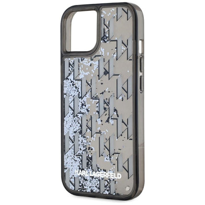 Tok Apple iPhone 15-höz, Karl Lagerfeld, Liquid Glitter Monogram, Fekete
