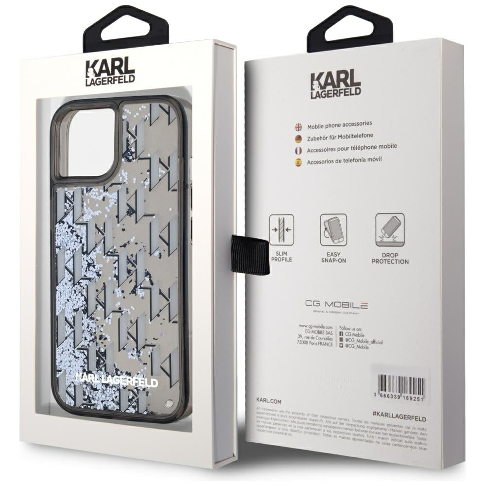 Tok Apple iPhone 15-höz, Karl Lagerfeld, Liquid Glitter Monogram, Fekete