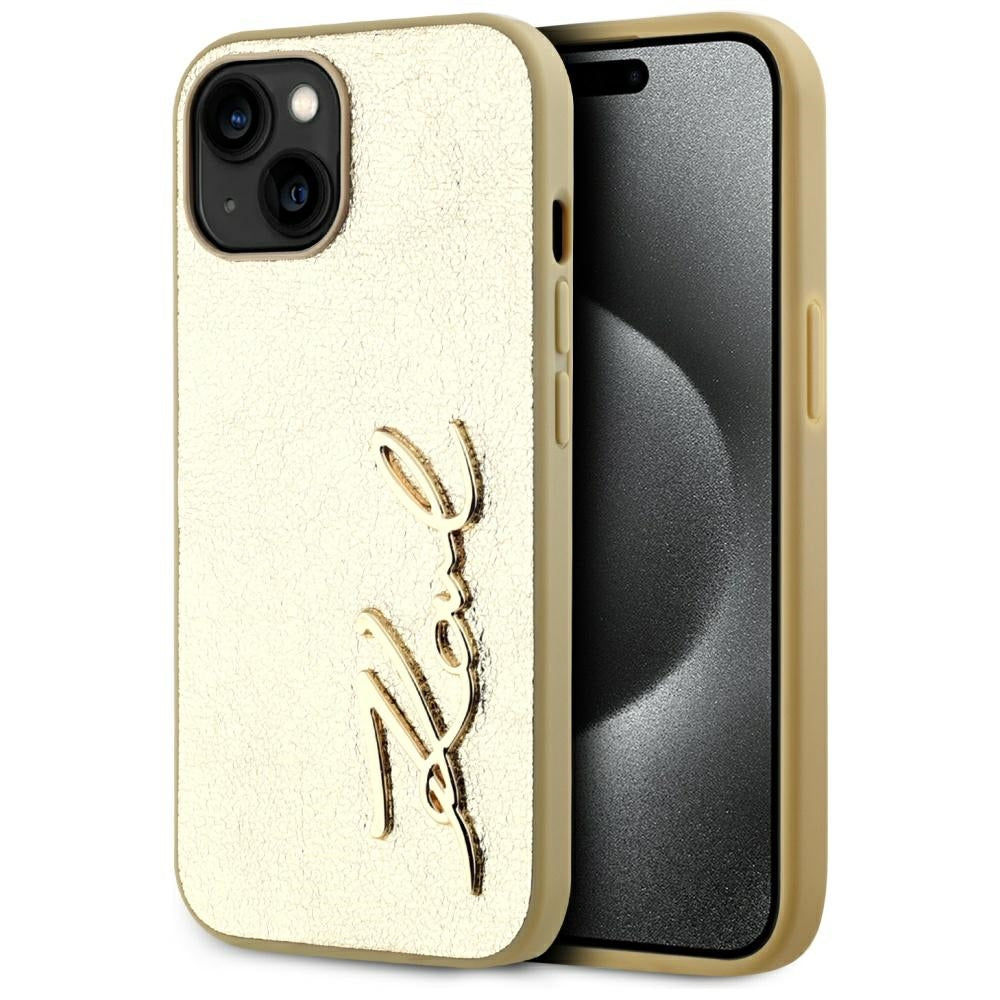 Tok Apple iPhone 15-höz, Karl Lagerfeld, Metal Signature, Arany