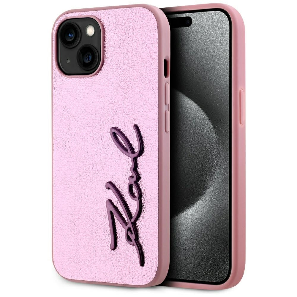 Tok Apple iPhone 15-höz, Karl Lagerfeld, Metal Signature, Rózsaszín