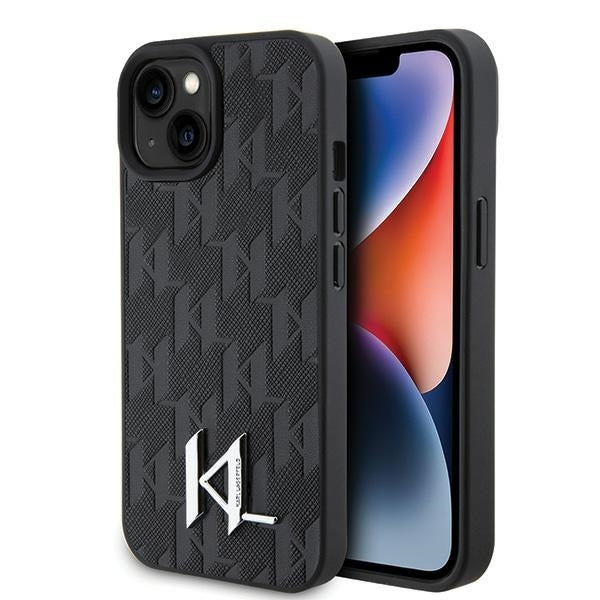 Tok Apple iPhone 15-höz, Karl Lagerfeld, Monogram Hot Stamp Metal Logo, Fekete