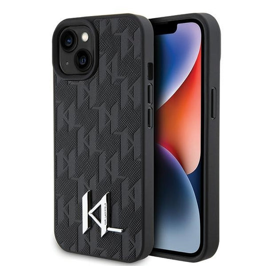 Tok Apple iPhone 15-höz, Karl Lagerfeld, Monogram Hot Stamp Metal Logo, Fekete