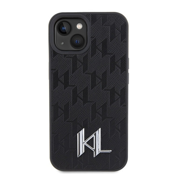 Tok Apple iPhone 15-höz, Karl Lagerfeld, Monogram Hot Stamp Metal Logo, Fekete