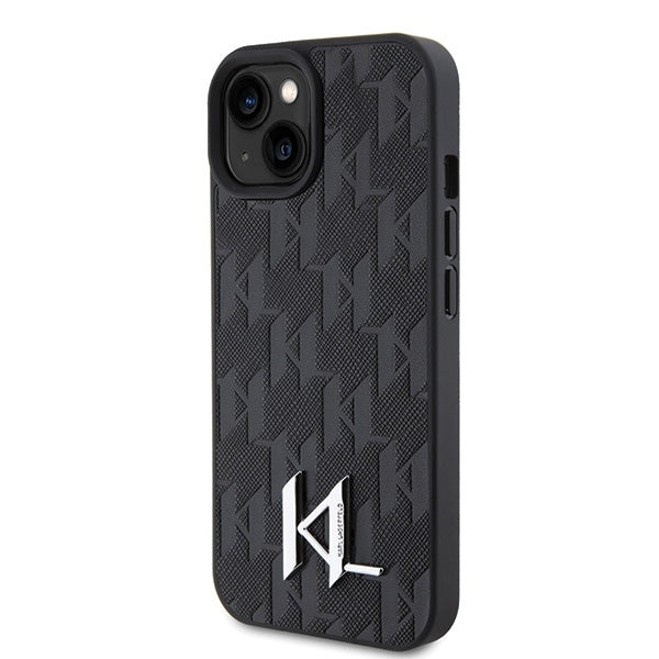 Tok Apple iPhone 15-höz, Karl Lagerfeld, Monogram Hot Stamp Metal Logo, Fekete