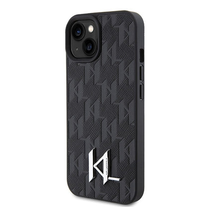 Tok Apple iPhone 15-höz, Karl Lagerfeld, Monogram Hot Stamp Metal Logo, Fekete