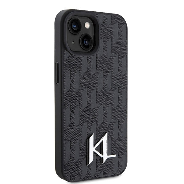 Tok Apple iPhone 15-höz, Karl Lagerfeld, Monogram Hot Stamp Metal Logo, Fekete