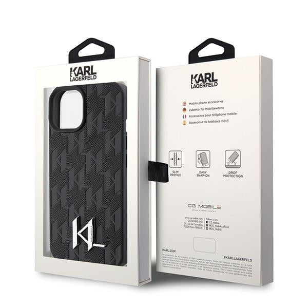 Tok Apple iPhone 15-höz, Karl Lagerfeld, Monogram Hot Stamp Metal Logo, Fekete