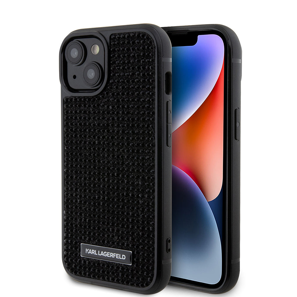 Tok Apple iPhone 15-höz, Karl Lagerfeld, Rhinestone Metal Plate, Fekete