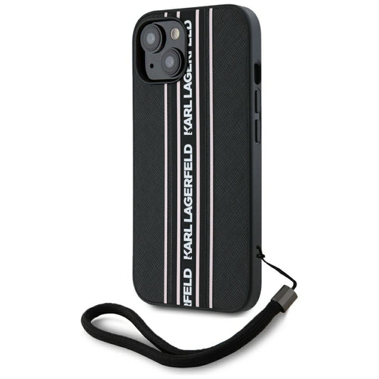 Tok Apple iPhone 15-höz, Karl Lagerfeld, Saffiano Athleisure Stripes with Strap, Rózsaszín