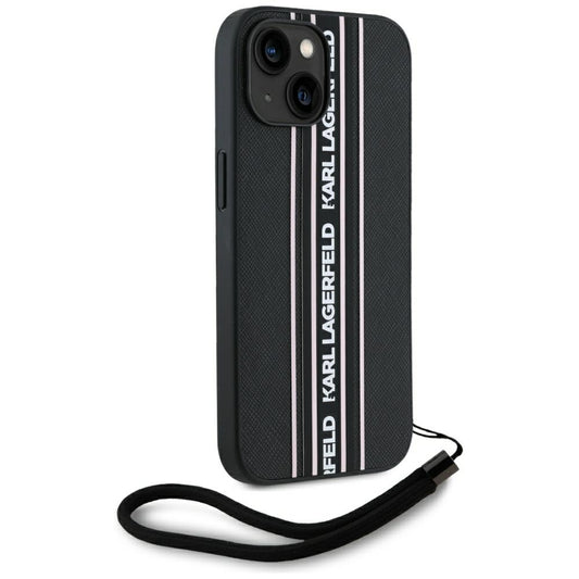 Tok Apple iPhone 15-höz, Karl Lagerfeld, Saffiano Athleisure Stripes with Strap, Rózsaszín