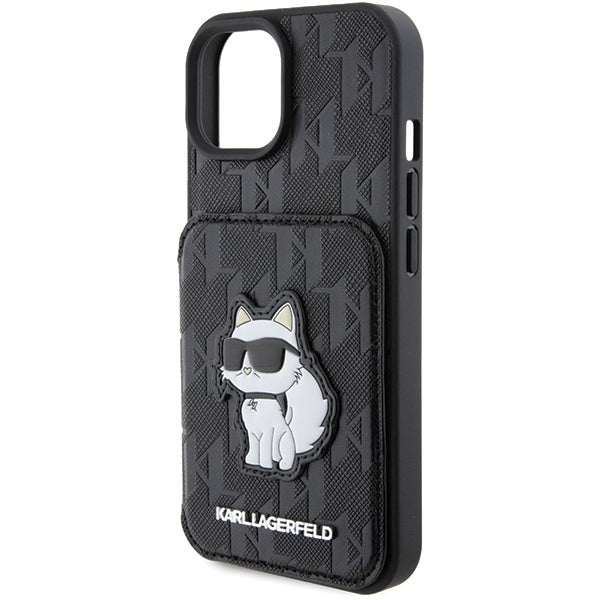 Tok Apple iPhone 15-höz, Karl Lagerfeld, Saffiano Cardslots and Stand Monogram Choupette, Fekete