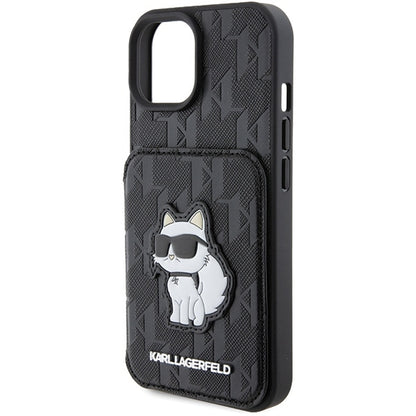 Tok Apple iPhone 15-höz, Karl Lagerfeld, Saffiano Cardslots and Stand Monogram Choupette, Fekete