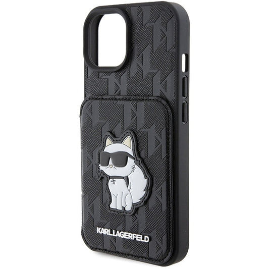 Tok Apple iPhone 15-höz, Karl Lagerfeld, Saffiano Cardslots and Stand Monogram Choupette, Fekete