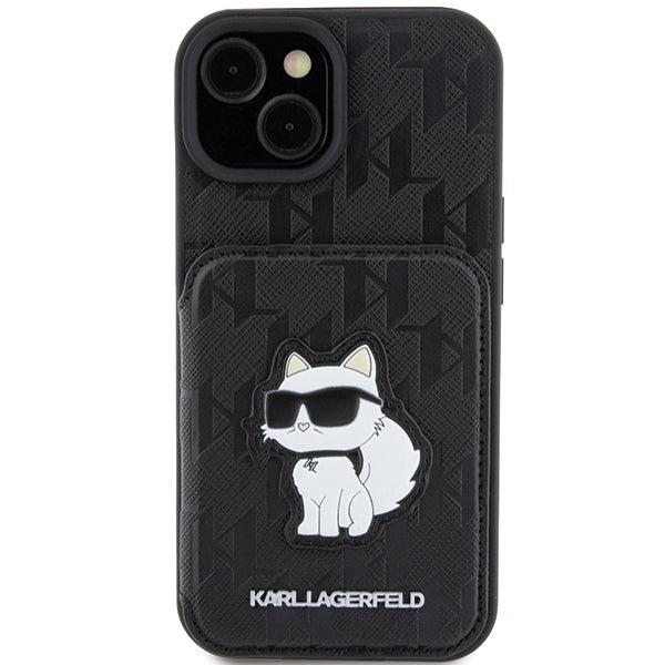 Tok Apple iPhone 15-höz, Karl Lagerfeld, Saffiano Cardslots and Stand Monogram Choupette, Fekete