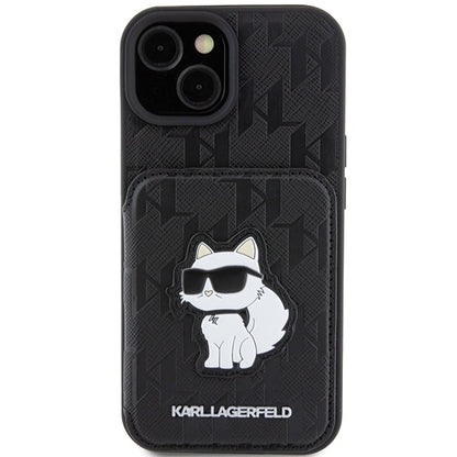 Tok Apple iPhone 15-höz, Karl Lagerfeld, Saffiano Cardslots and Stand Monogram Choupette, Fekete