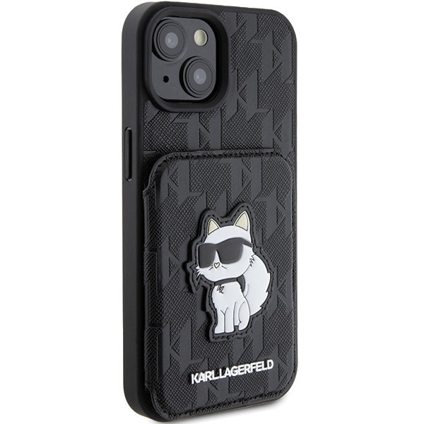 Tok Apple iPhone 15-höz, Karl Lagerfeld, Saffiano Cardslots and Stand Monogram Choupette, Fekete