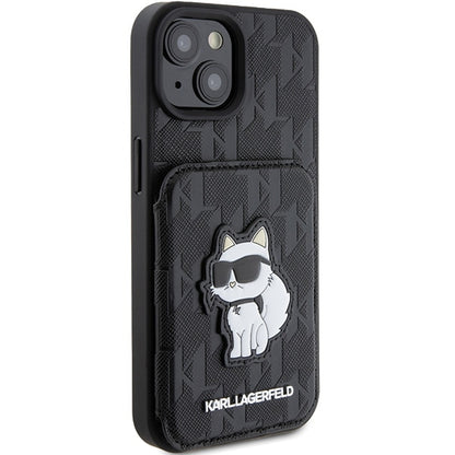 Tok Apple iPhone 15-höz, Karl Lagerfeld, Saffiano Cardslots and Stand Monogram Choupette, Fekete