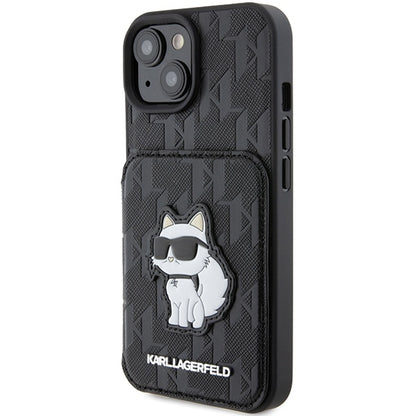 Tok Apple iPhone 15-höz, Karl Lagerfeld, Saffiano Cardslots and Stand Monogram Choupette, Fekete