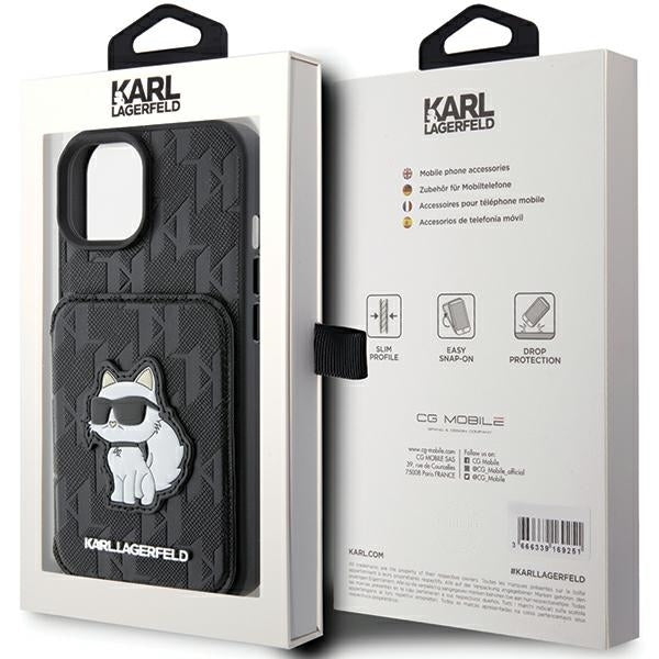 Tok Apple iPhone 15-höz, Karl Lagerfeld, Saffiano Cardslots and Stand Monogram Choupette, Fekete
