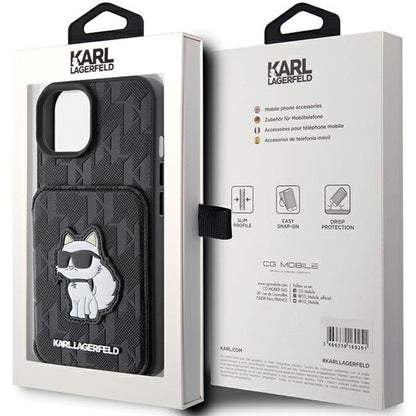 Tok Apple iPhone 15-höz, Karl Lagerfeld, Saffiano Cardslots and Stand Monogram Choupette, Fekete