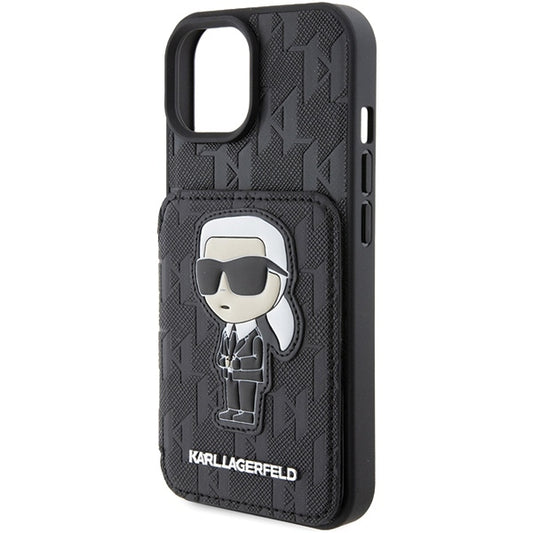 Tok Apple iPhone 15-höz, Karl Lagerfeld, Saffiano Cardslots and Stand Monogram Ikonik Karl, Fekete