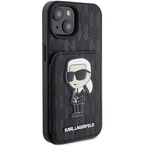 Case for Apple iPhone 15, Karl Lagerfeld, Saffiano Cardslots and Stand Monogram Ikonik Karl, Black