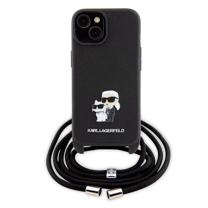 Tok Apple iPhone 15-höz, Karl Lagerfeld, Saffiano Crossbody Metal Pin Karl & Choupette, Fekete