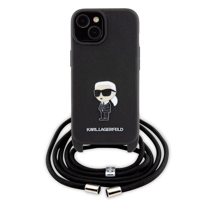 Tok Apple iPhone 15-höz, Karl Lagerfeld, Saffiano Crossbody Monogram Metal Pin Karl, Fekete