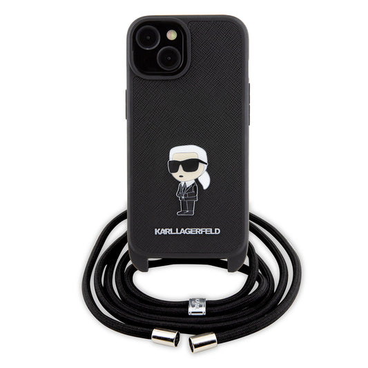 Tok Apple iPhone 15-höz, Karl Lagerfeld, Saffiano Crossbody Monogram Metal Pin Karl, Fekete
