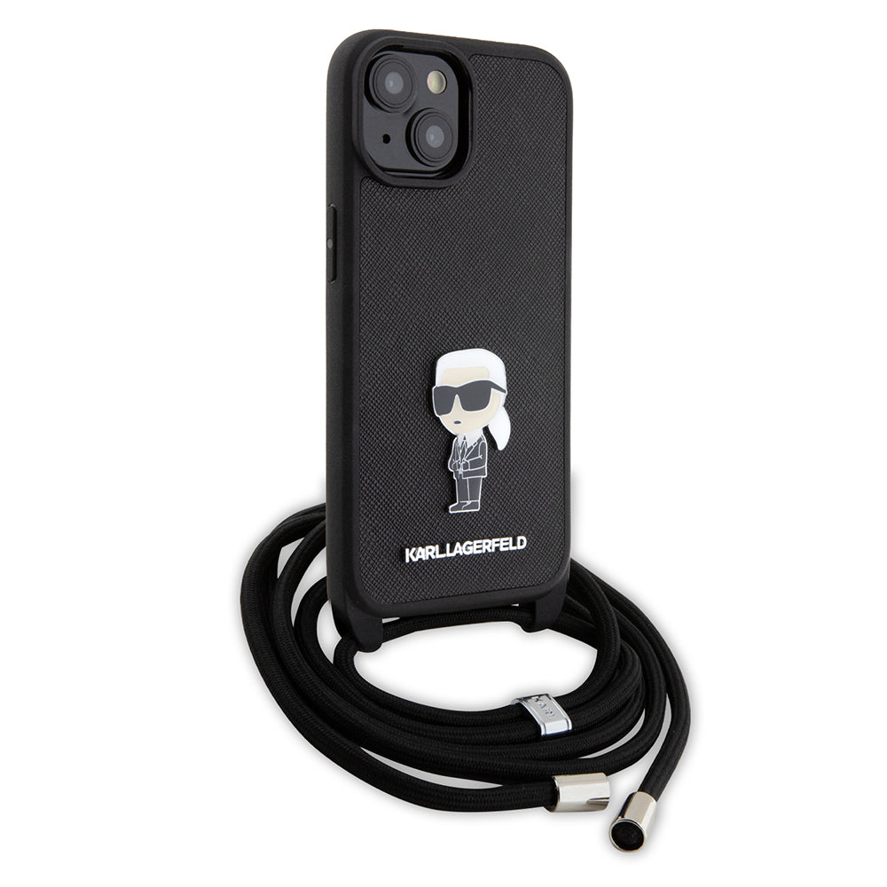 Tok Apple iPhone 15-höz, Karl Lagerfeld, Saffiano Crossbody Monogram Metal Pin Karl, Fekete
