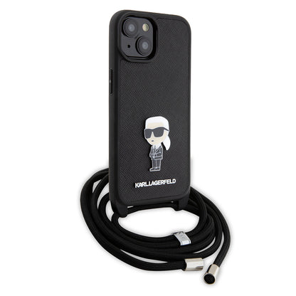 Tok Apple iPhone 15-höz, Karl Lagerfeld, Saffiano Crossbody Monogram Metal Pin Karl, Fekete